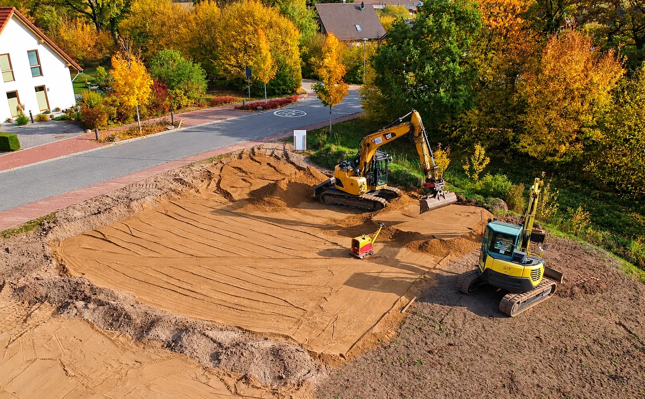 Zwei Bagger auf einer vorbereiteten Baugrube neben einer Straße im Herbst