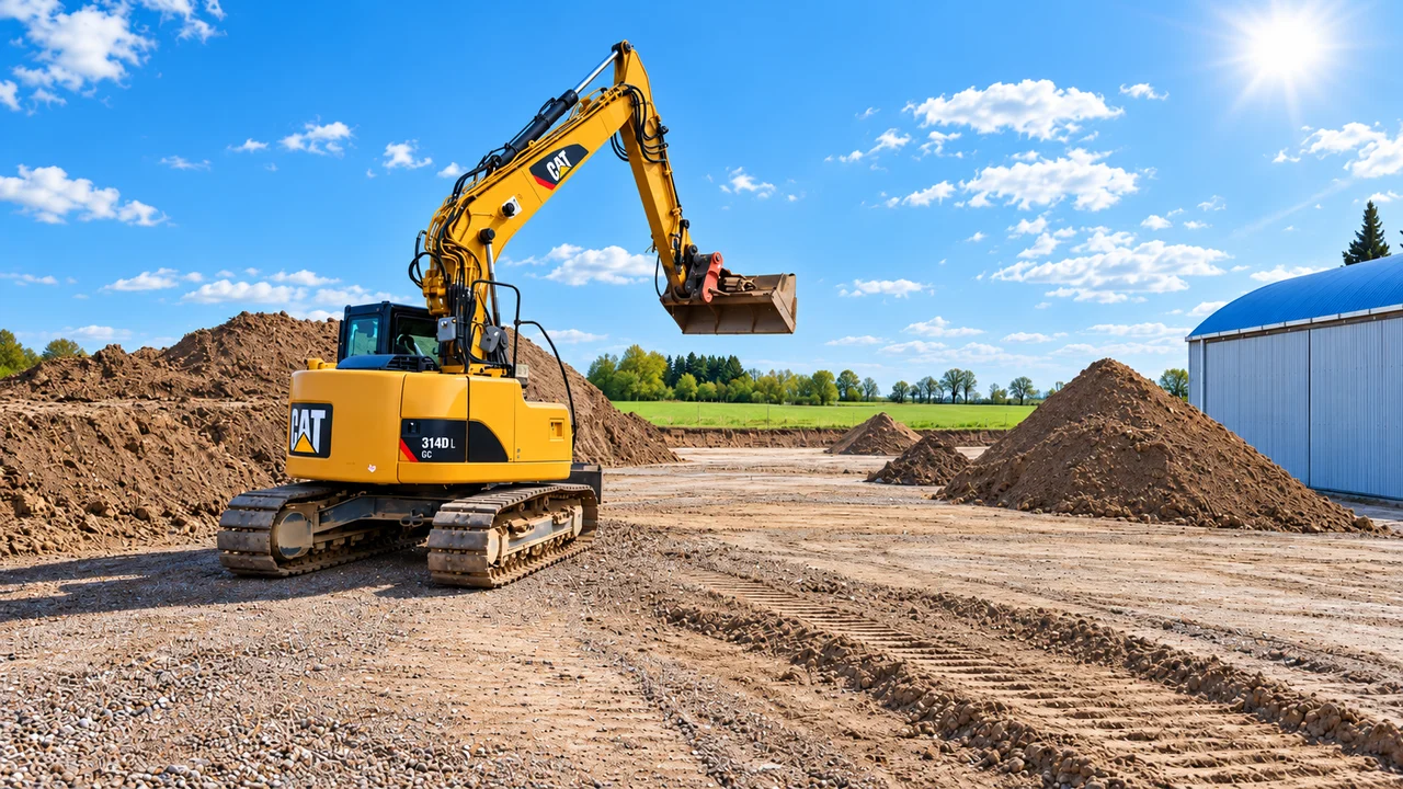 Gelber Caterpillar-Kettenbagger auf einer Baustelle mit Erdaushub